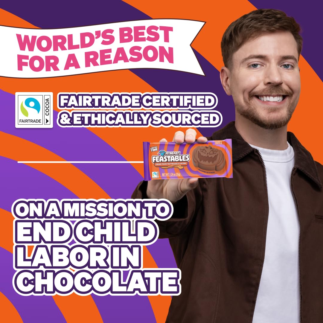 Feastables Mrbeast Peanut Butter Jack-O-Lantern, Milk Chocolate & Creamy Peanut Butter Filling, Cups For Mature-Themeds & Kids, Chocolate Candy For Halloween Snacks, Made With Fairtrade Cocoa, 30 Count