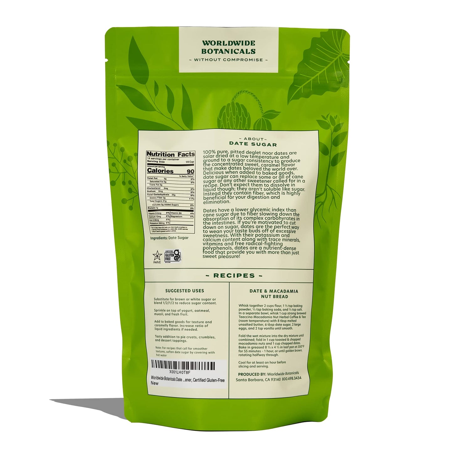 Worldwide Botanicals Date Sugar - 100% Pure Dried Dates, Natural Whole Food Sweetener, Gluten-Free, Granular, 1 Pound