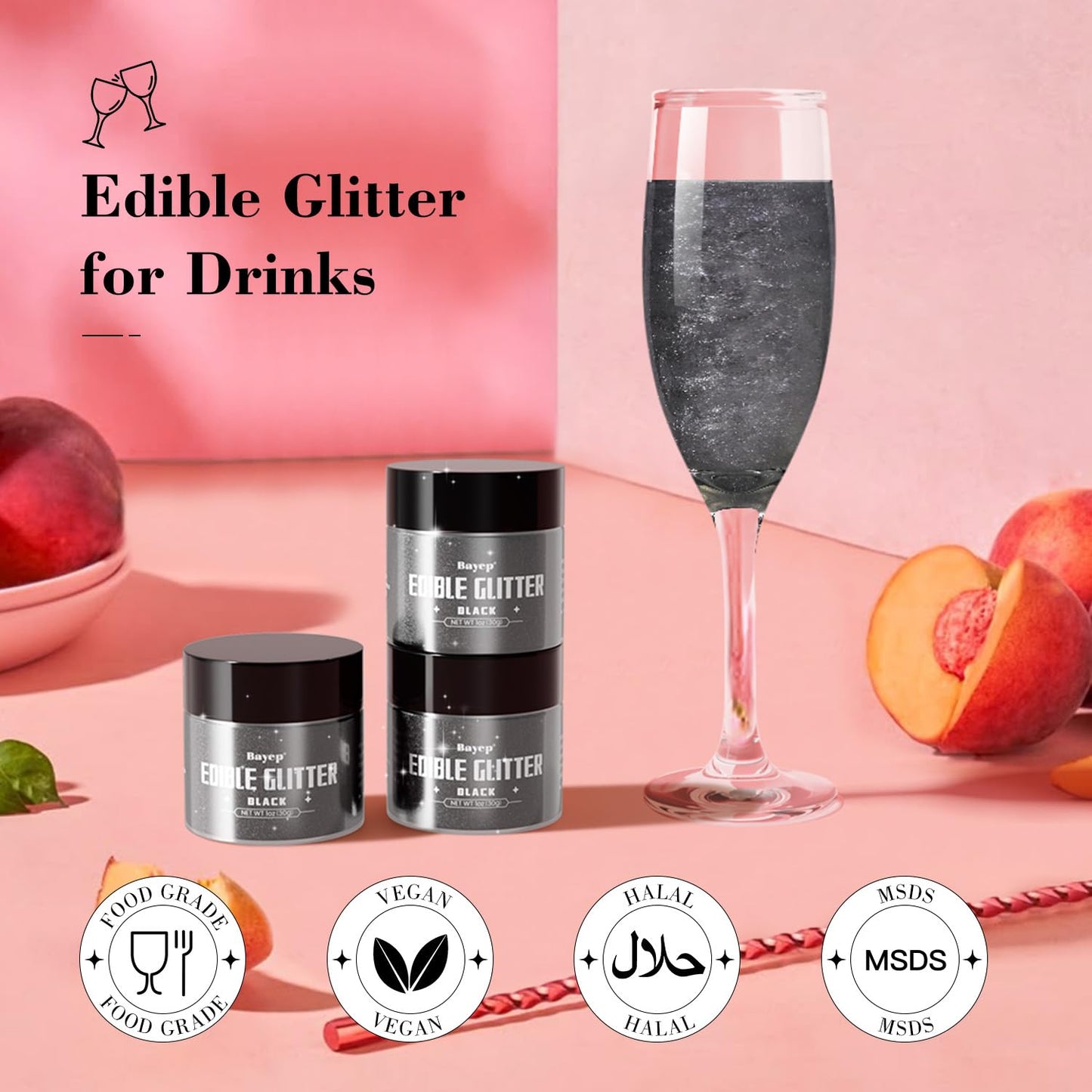 bayep Shimmer Black Edible Glitter for Drinks and Cakes, 30g Luster Dust for Party Supplies