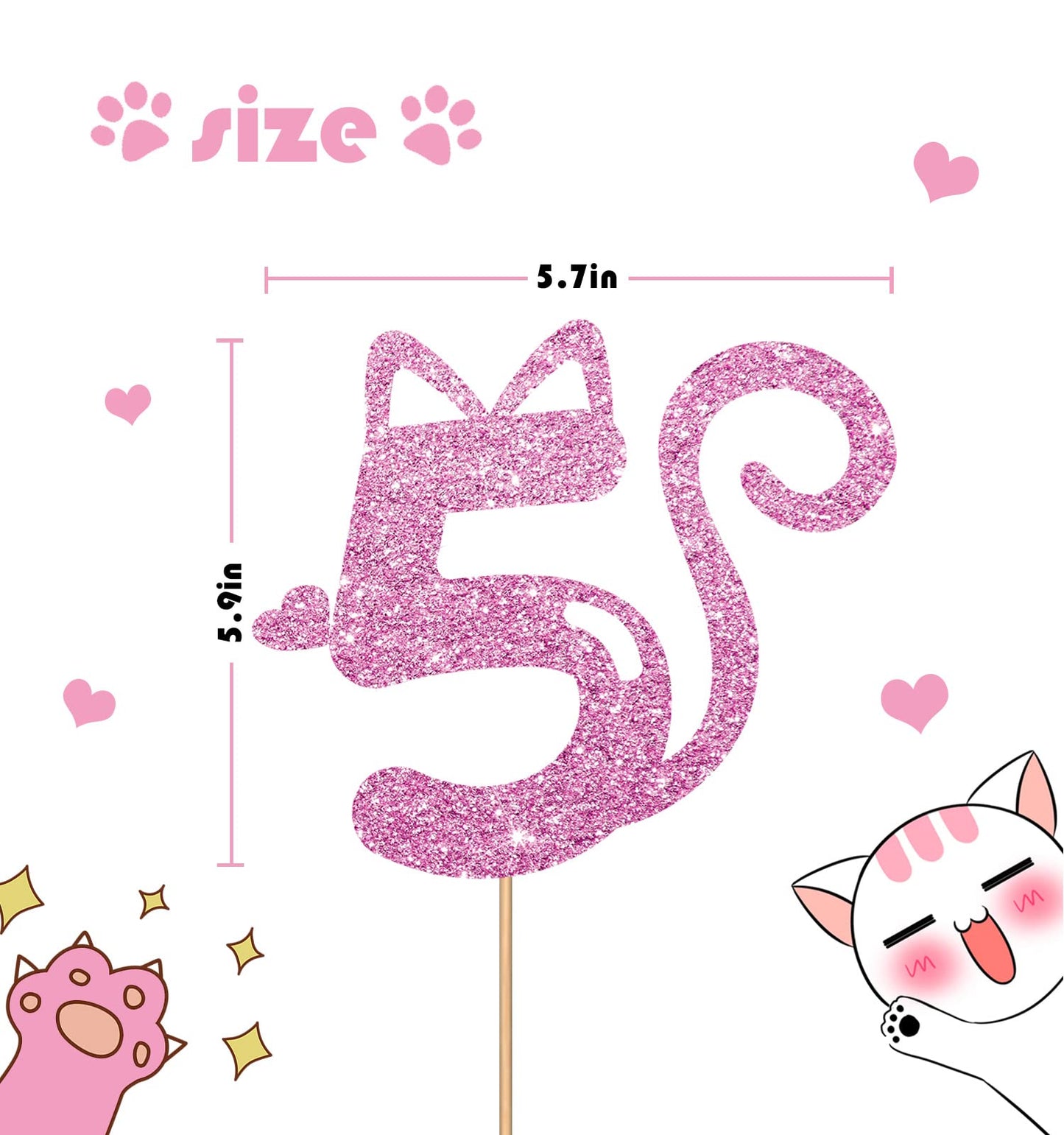 MINUET MINUTE Cat Five Cake Topper - Pink Glitter, Cardboard, Happy 5th Birthday Party Supplies