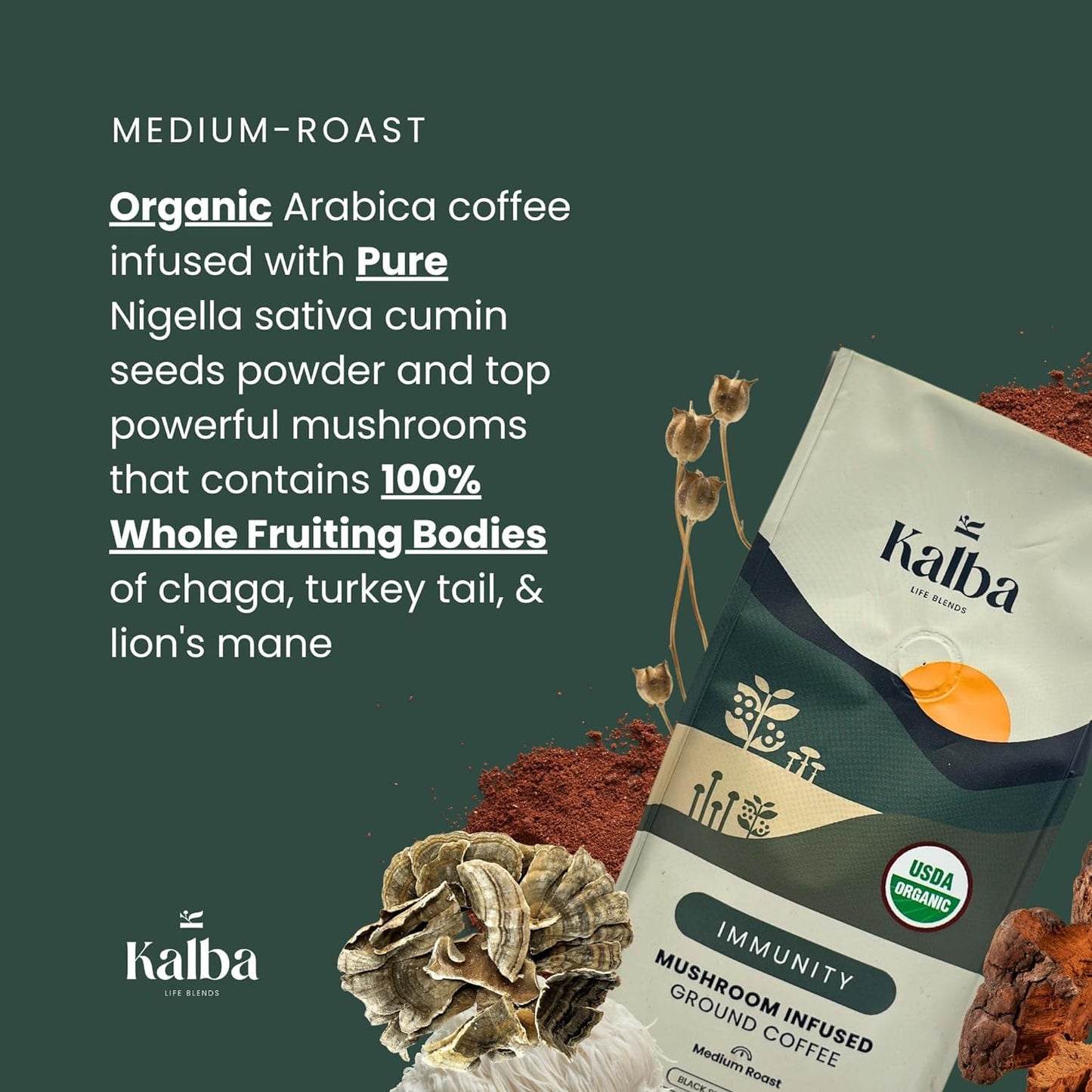 Kalba Organic Mushroom Coffee Grounds, Medium Roast 10 Oz | Arabica Coffee With Lion'S Mane, Chaga, Turkey Tail, & Nigella Seed
