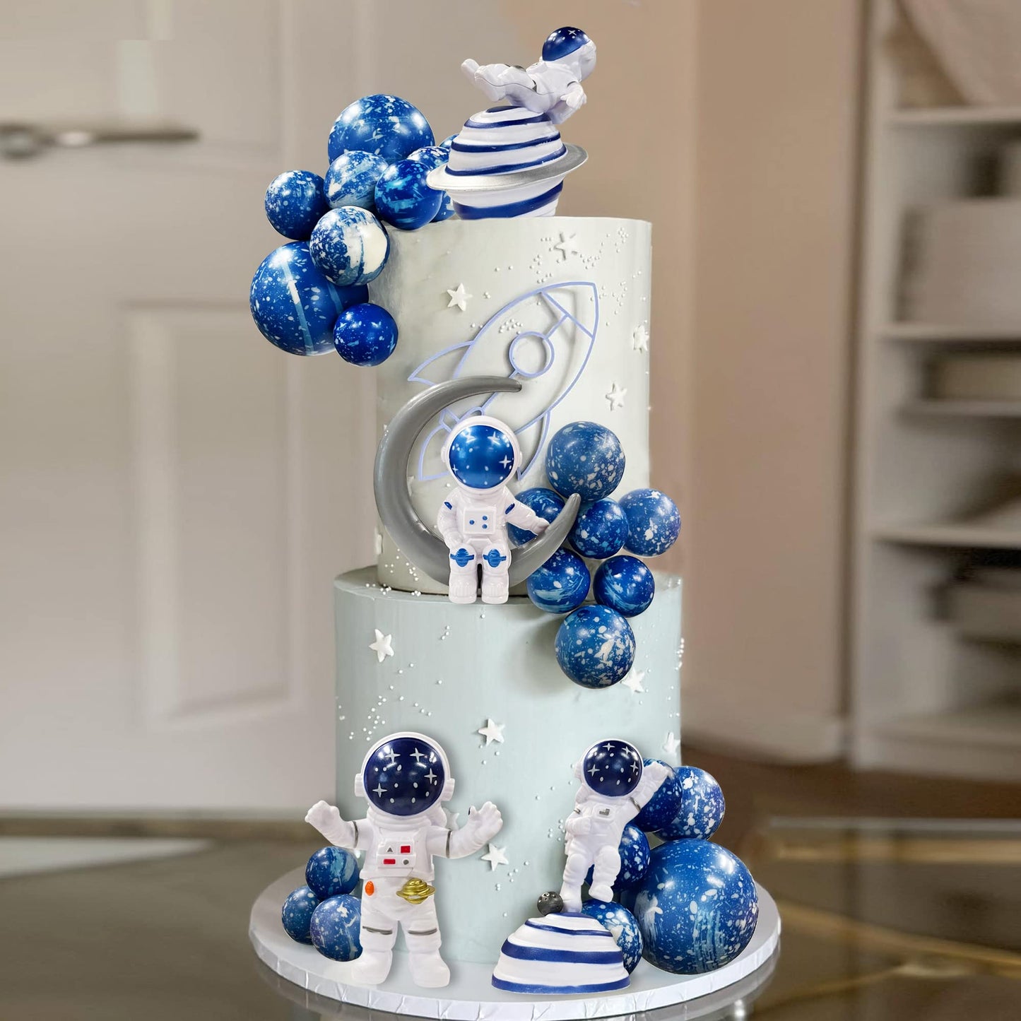 Astronaut Figurines Space Cake Toppers Blue Star Ball Cake Toppers For Space Theme Party Kids Birthday Party Baby Shower Supplie