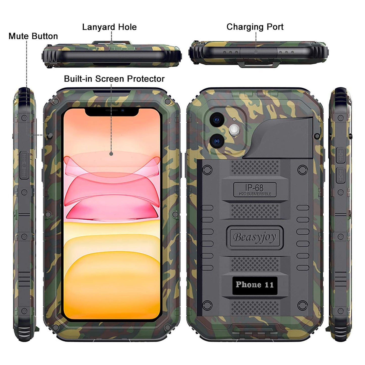 Beasyjoy iPhone 11 Waterproof Metal Case, Heavy Duty Full Body Protector, Shockproof & Dustproof, Military Grade, Camouflage