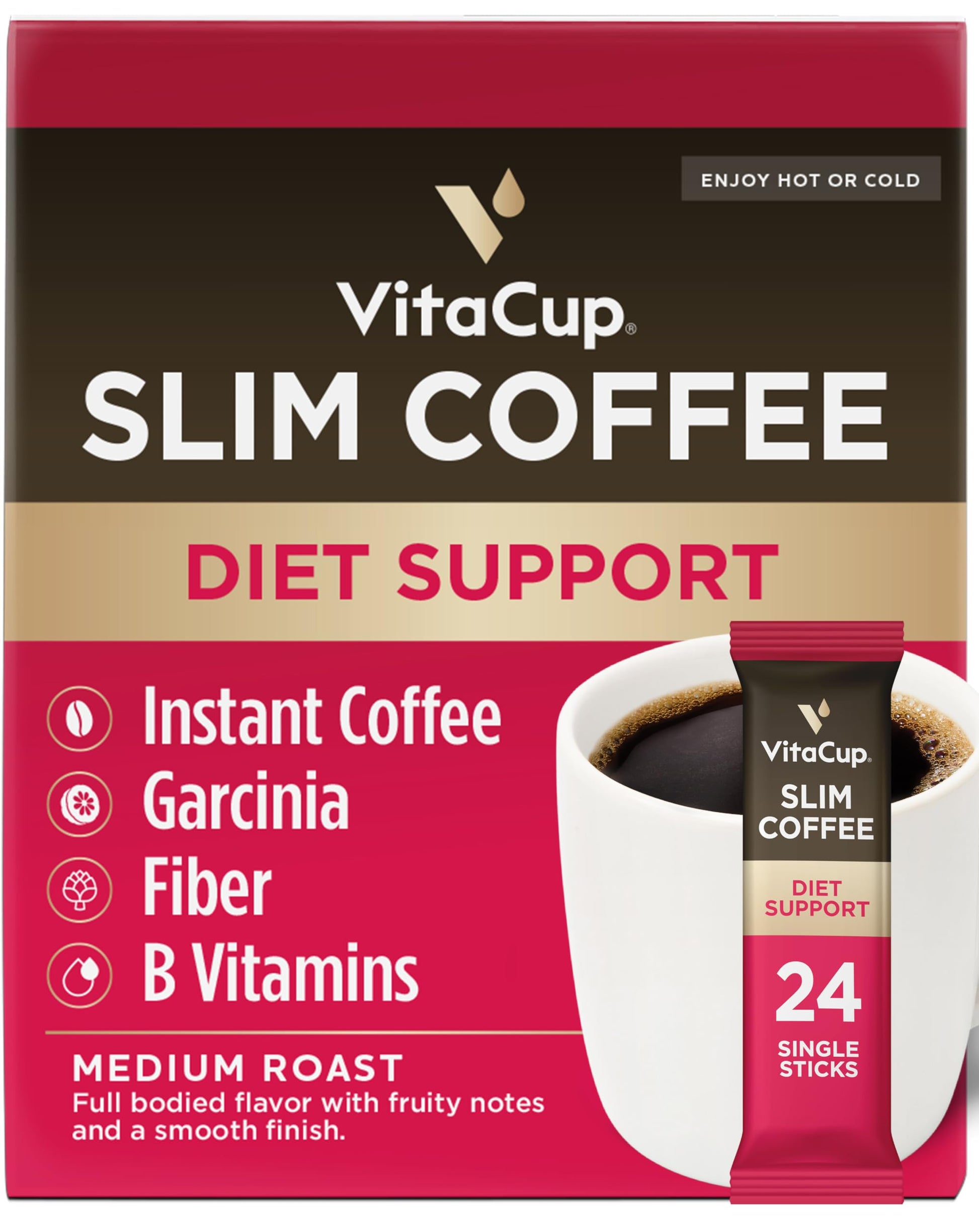 Vitacup Slim Instant Coffee Packets, With Garcinia, Fiber, B Vitamins, Bold & Smooth, Medium Dark Roast, 100% Arabica Coffee In