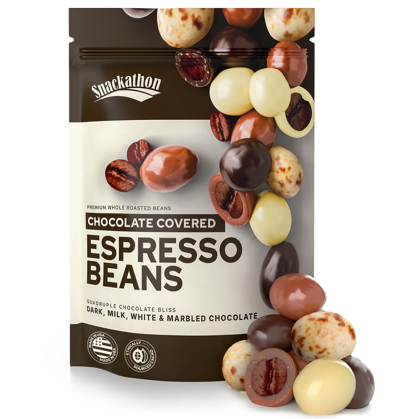 Snackathon Chocolate Covered Espresso Beans  4 Chocolate Blend (Dark  Milk  White  Marbled)  Bulk 1 Pound Bag  Made in USA  Gourmet Snack for Coffee Lovers