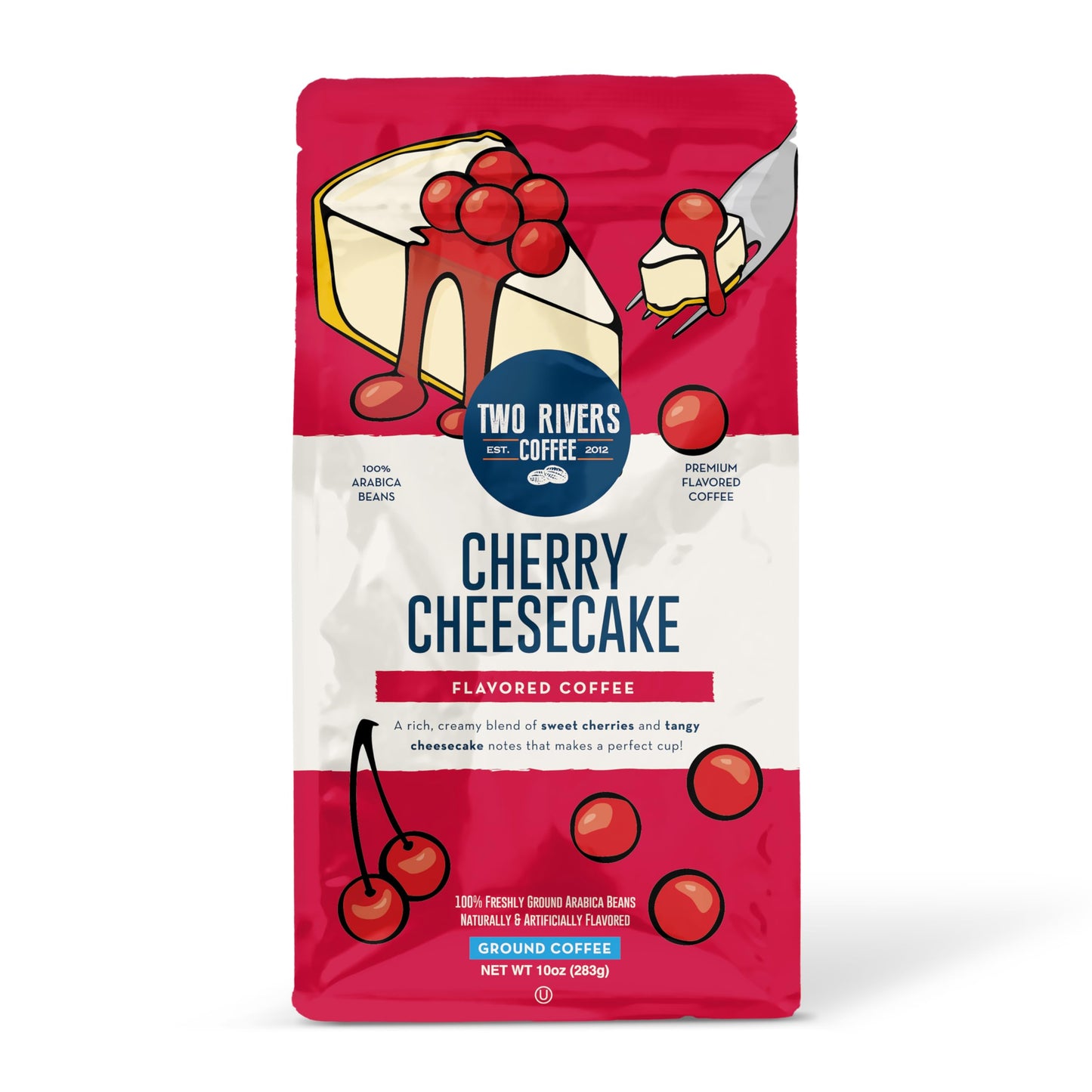 Two Rivers Coffee Cherry Cheesecake Ground Coffee, Flavor Enhanced, 100% Arabica, 10 Ounce Bag
