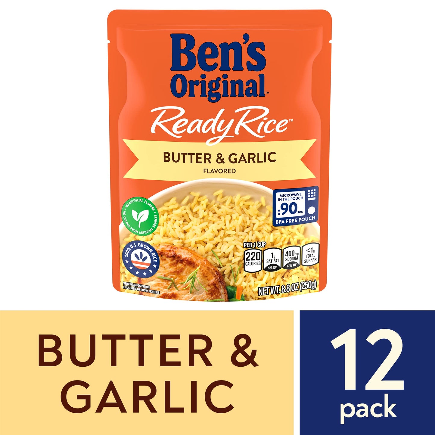Ben'S Original Ready Rice Butter And Garlic Flavored Rice, Easy Dinner Side, 8.8 Oz Pouch (Pack Of 12)