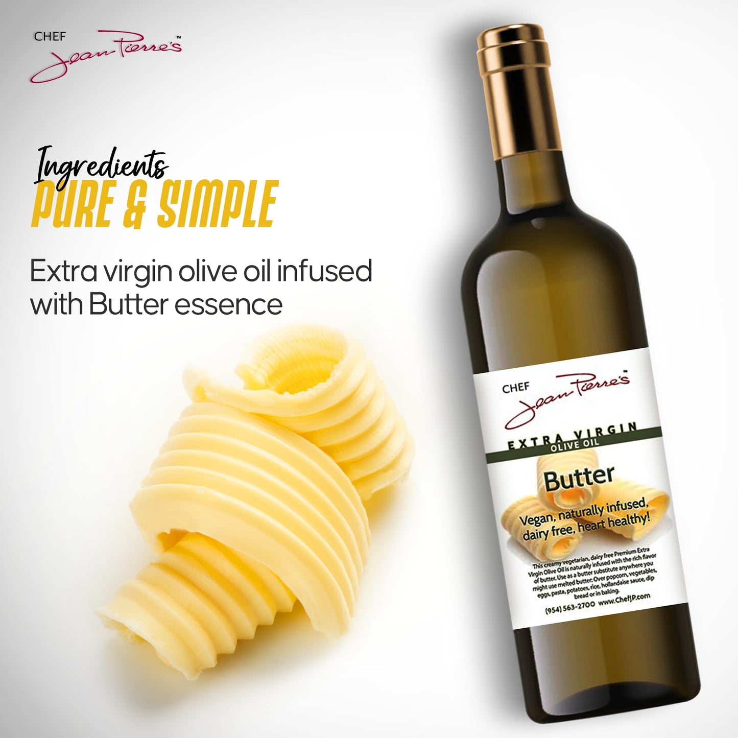 Chef Jean Pierres Butter Olive Oil - Naturally Infused - 750ml (25oz) Glass Bottle - Elevate Your Dishes with Flavorful Sophistication