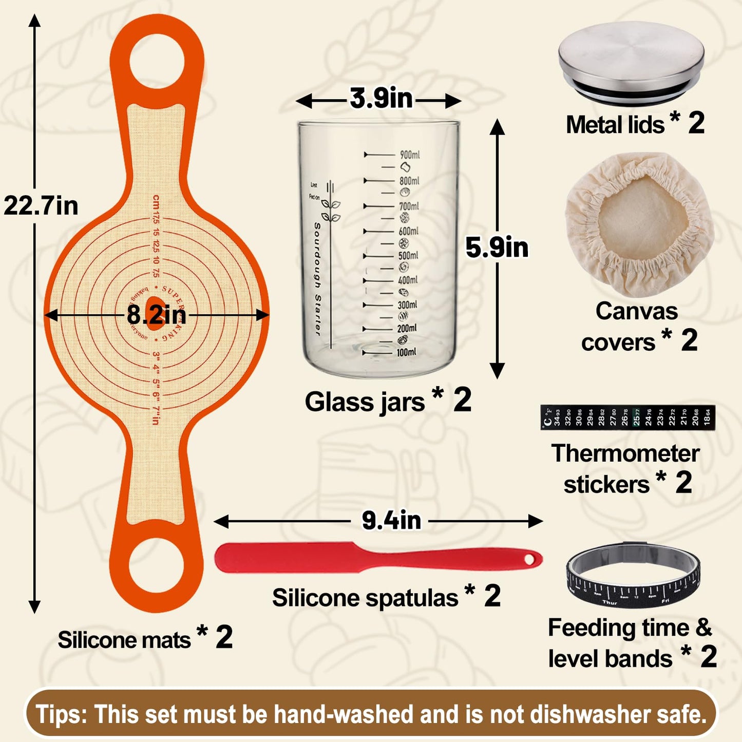 Sourdough Bread Starter Jar Kit - 2 Pcs 34Oz Glass Containers With Lids For Sourdough, 2 Baking Mats, Feeding Band, Thermometer Sticker, Bread Baking Tool Supplies For Homemade Baker Beginner Gift