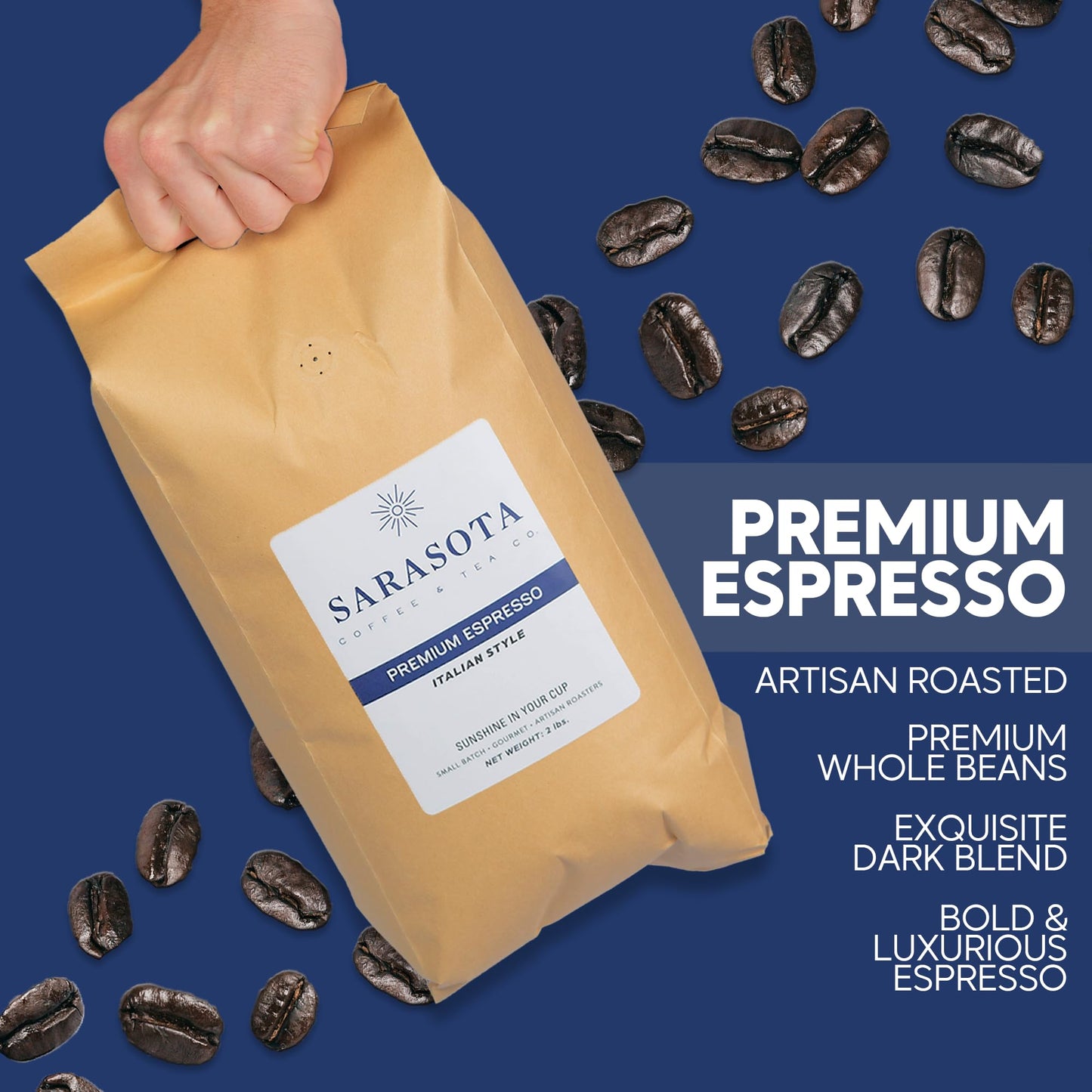 Sarasota Coffee Whole Bean Espresso | Dark Roast Gourmet Coffee Beans | Low Acid, Mold Free, Specialty Grade Bulk Beans | 5Lb (8