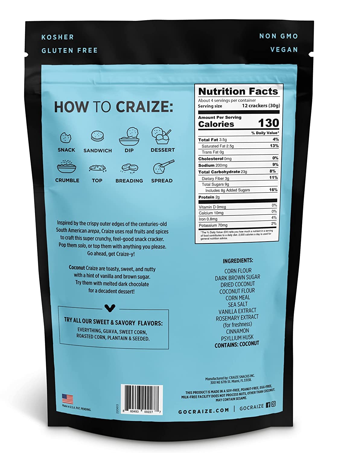 Craize Coconut Crisps | Gluten Free, Vegan, Kosher, Toasted Corn Crackers | 4 Oz Each