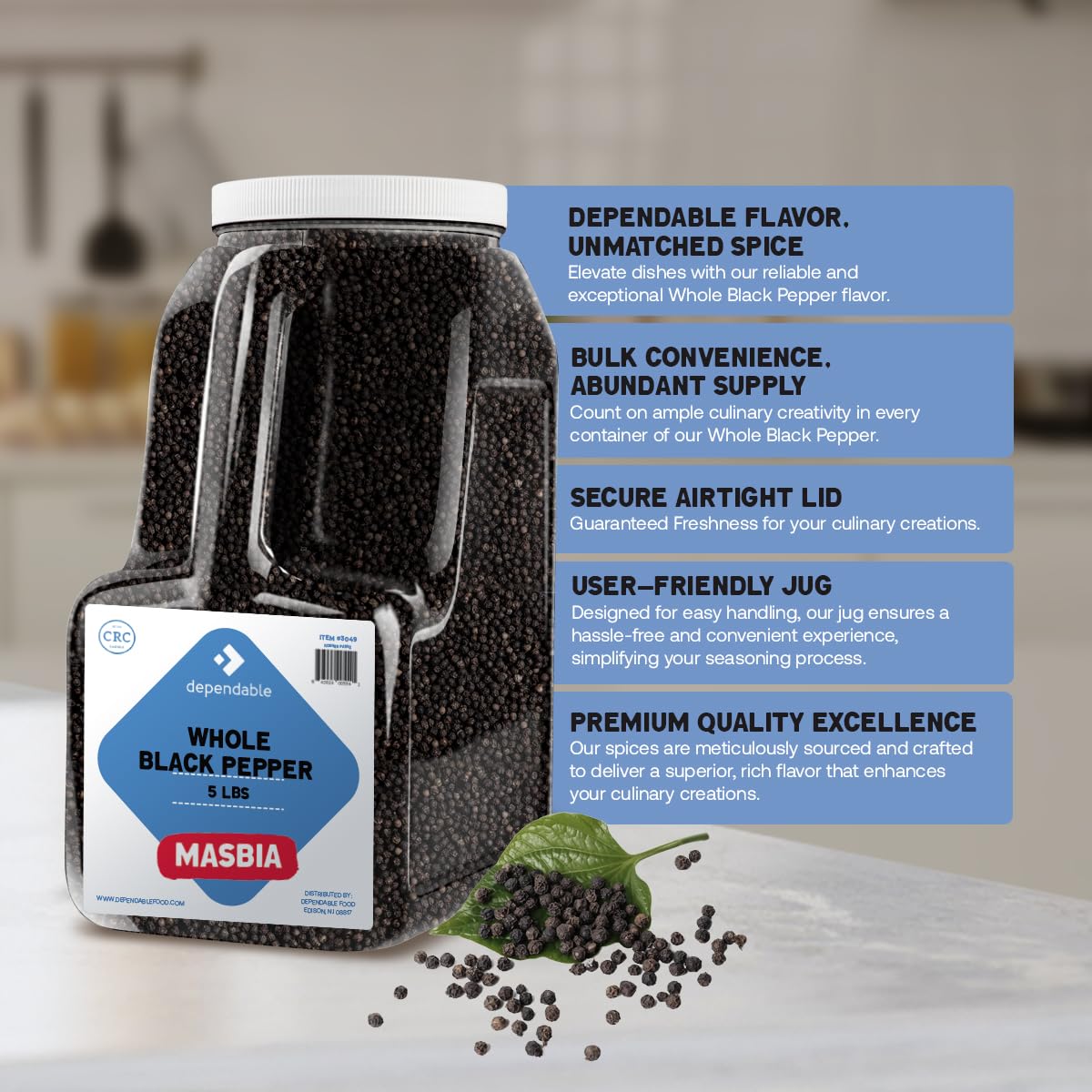 Dependable Foods Whole Black Peppercorns - 5 Lb. Bulk Jar - Premium Grade Pepper Corns Spice - 100% Natural, Non-Gmo, Salt-Free