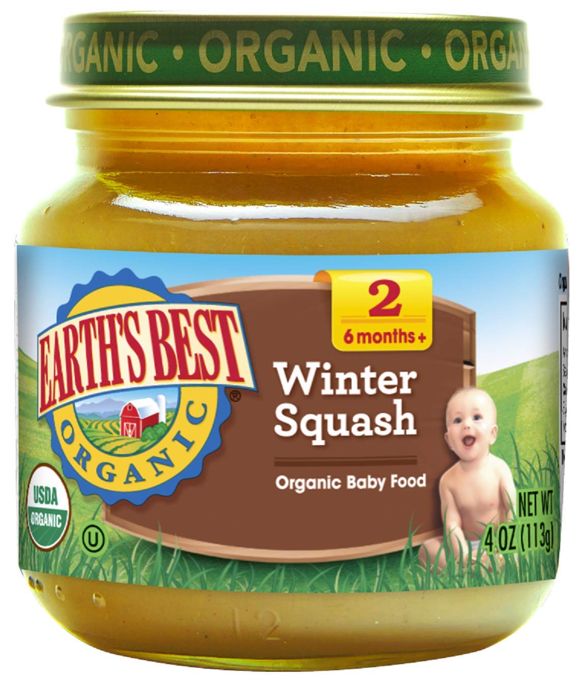 Earth'S Best Organic Baby Food Jars, Stage 2 Vegetable Puree For Babies 6 Months And Older, Organic Winter Squash, 4 Oz Resealab