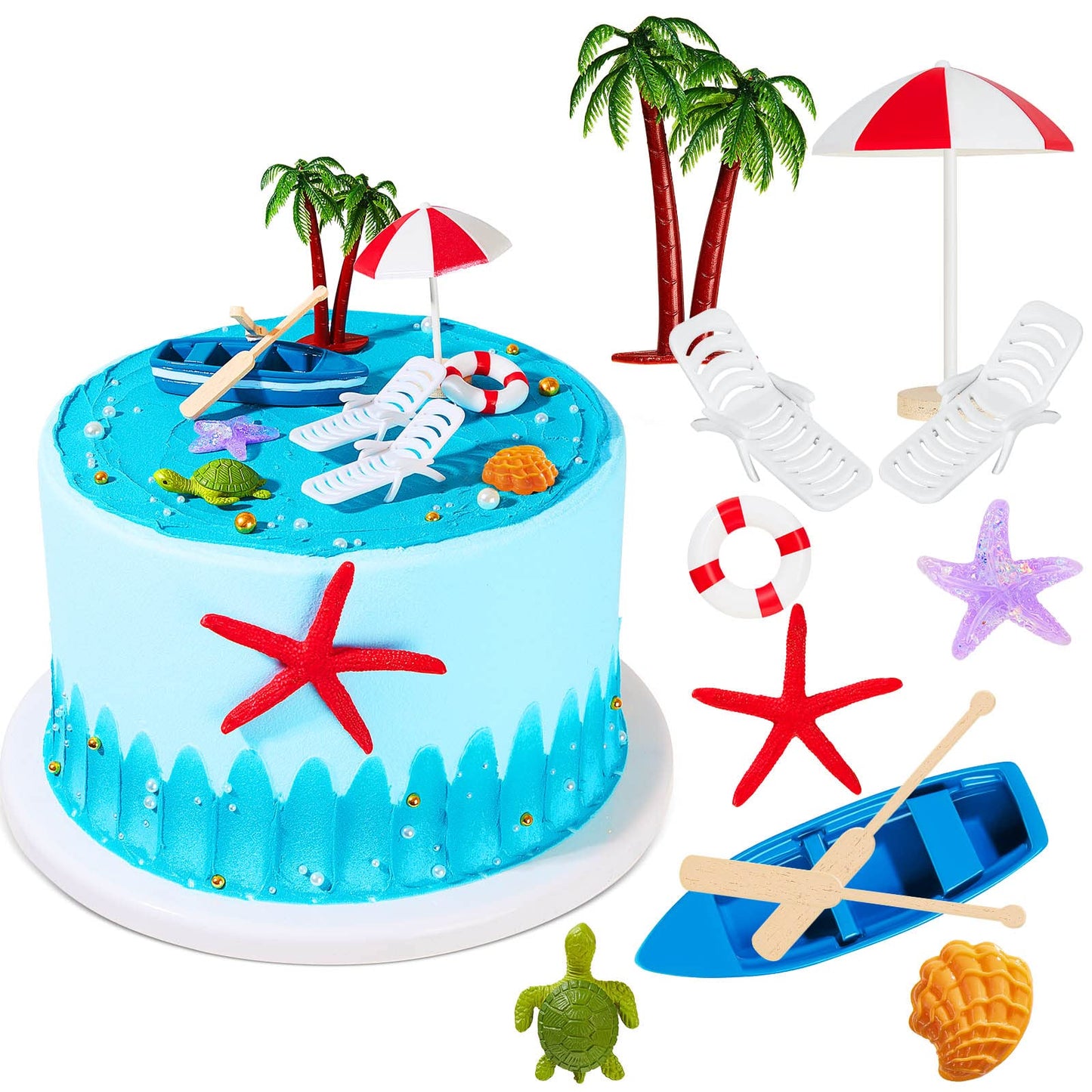 12 Pieces Hawaiian Beach Cake Decoration Summer Beach Chair And Umbrella Cake Toppers Green Palm Tree Cake Toppers For Hawaiian