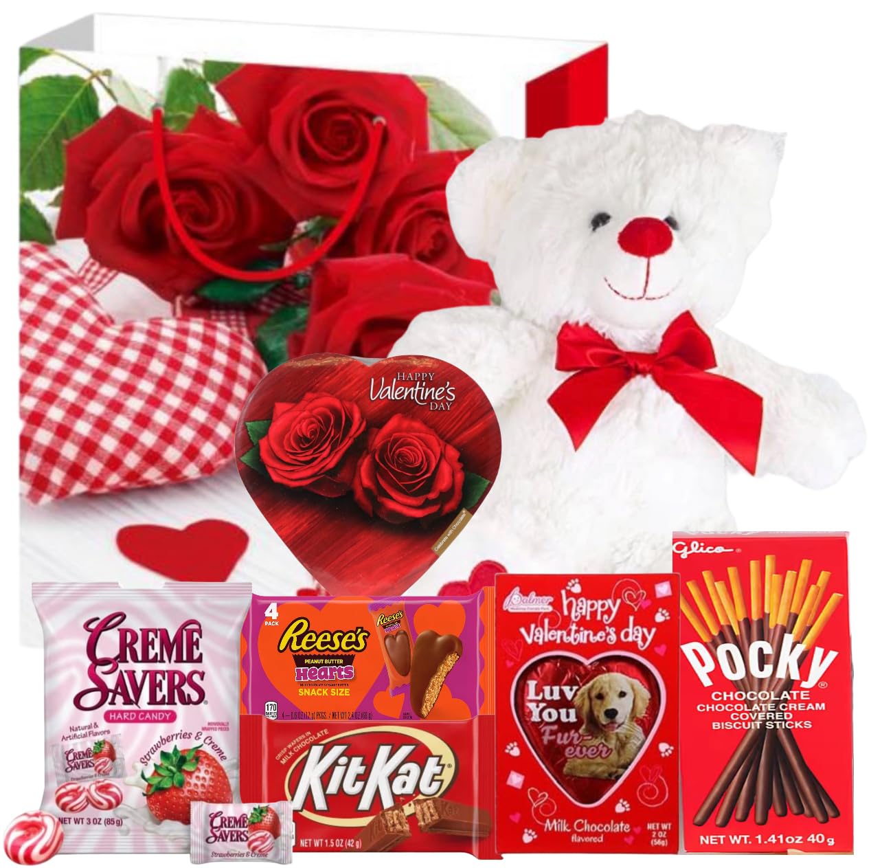 Valentines Day Gift Basket Set | Teddy Bear Plush (Red Or White), Elmer Heart Chocolate, Milk Chocolate Bar, Kit Kat Chocolate B