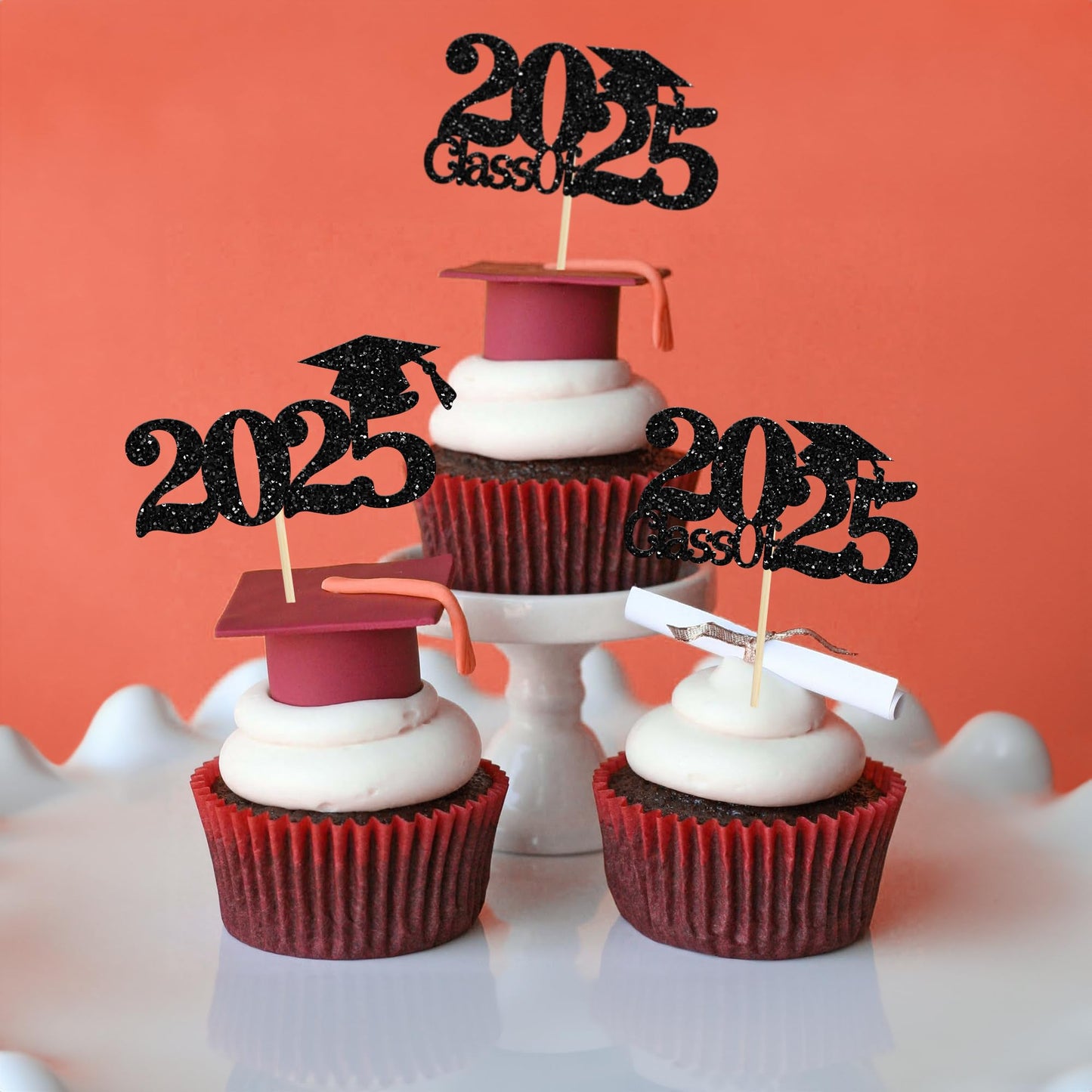 Gyufise 24Pcs Graduation Cupcake Toppers, Glitter 2025, Diploma & Grad Cap Picks, Blue, Party Decorations for Class of 2025