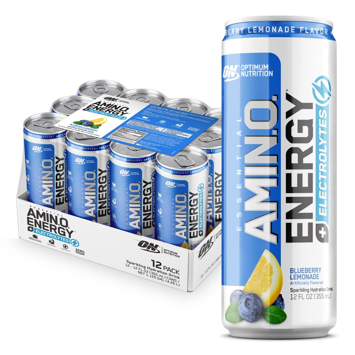 Optimum Nutrition Amino Energy Sparkling Hydration Drink  Electrolytes  Caffeine  Amino Acids  BCAAs  Sugar Free  Blueberry Lemonade  12 Fl Oz  12 Pack (Packaging May Vary)