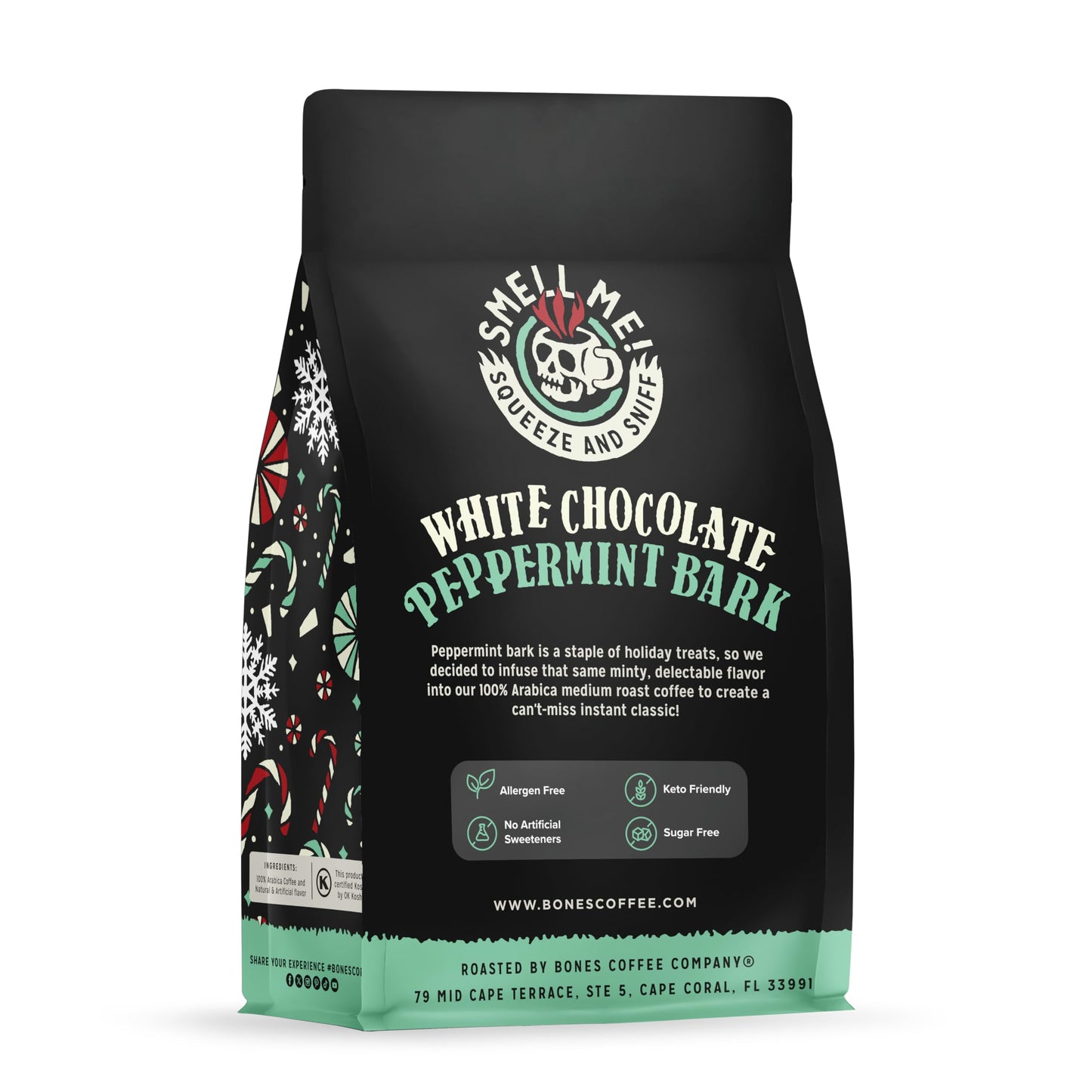 Bones Coffee Company White Chocolate Peppermint Bark Flavored Coffee, Medium Roast Low Acid Arabica Beans Compatible with Auto d