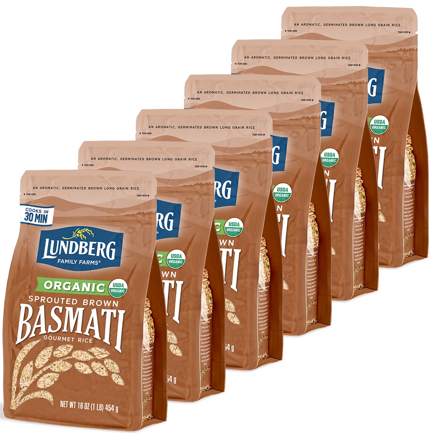 Lundberg Organic Sprouted Brown Basmati Rice, 6-Pack, 16 Oz Each, Nutty & Fluffy, Ready in 30 Minutes