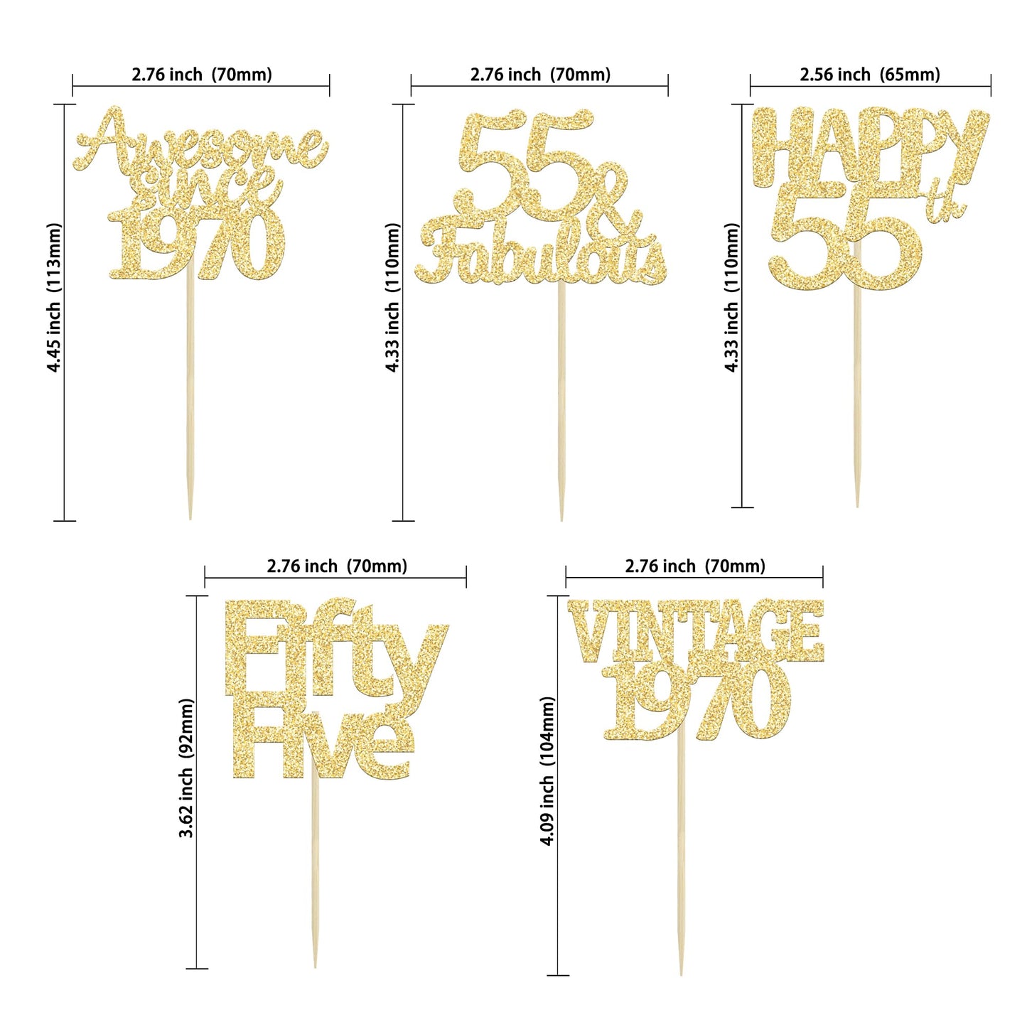 Gyufise 30Pcs Gold Glitter Vintage 1968 Cupcake Toppers Glitter 55 Fabulous Happy 55 Cheers To 55 Years Birthday Cupcake Picks 5