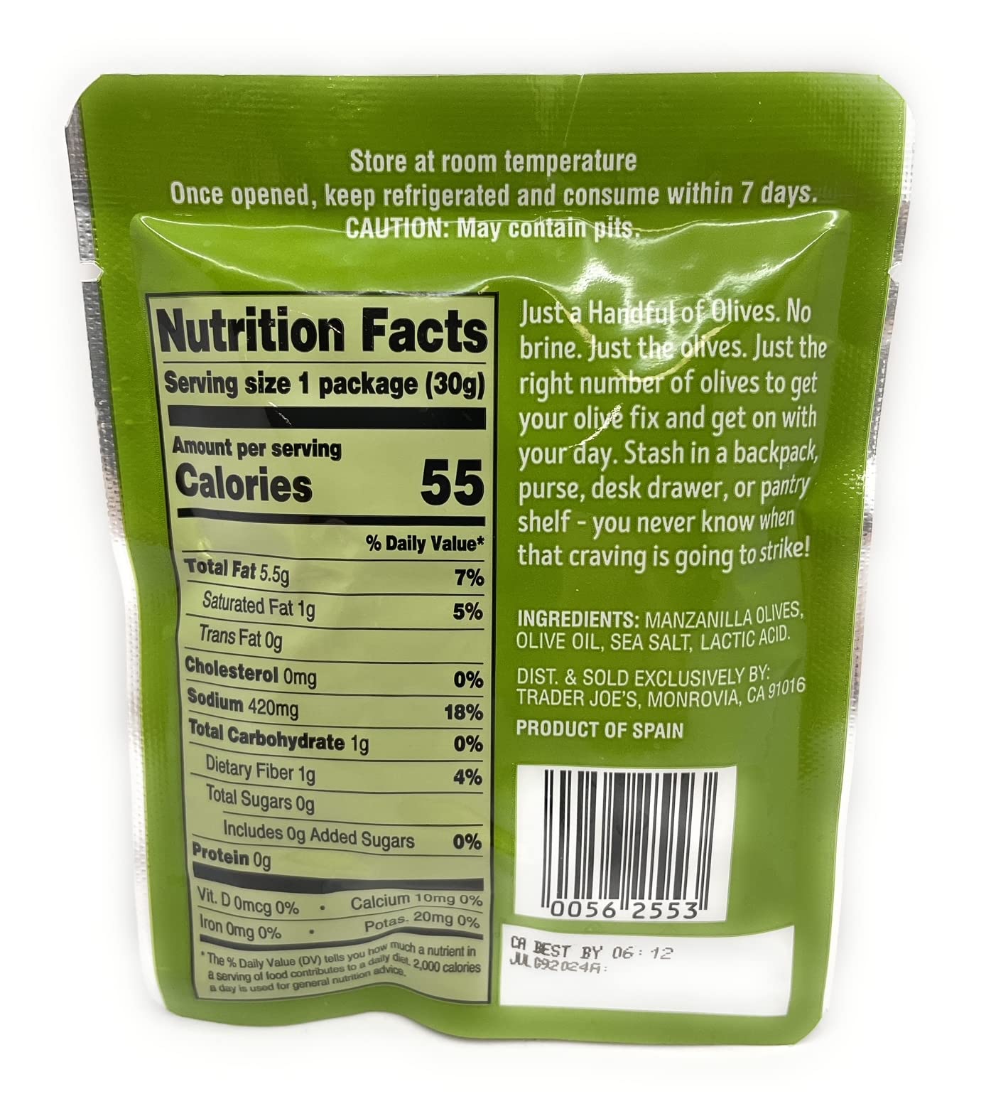 Just A Handful Of Pitted Salted Manzanilla Olives 1.05 Oz Each (Pack Of 6)