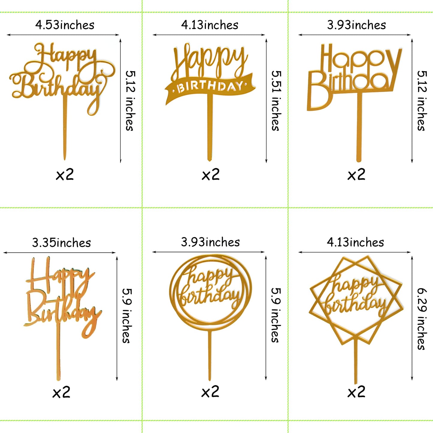 Chewarelly Birthday Cake Topper Set, 12 Pack Acrylic Bunting Decor, Gold, Model HBCTAC04