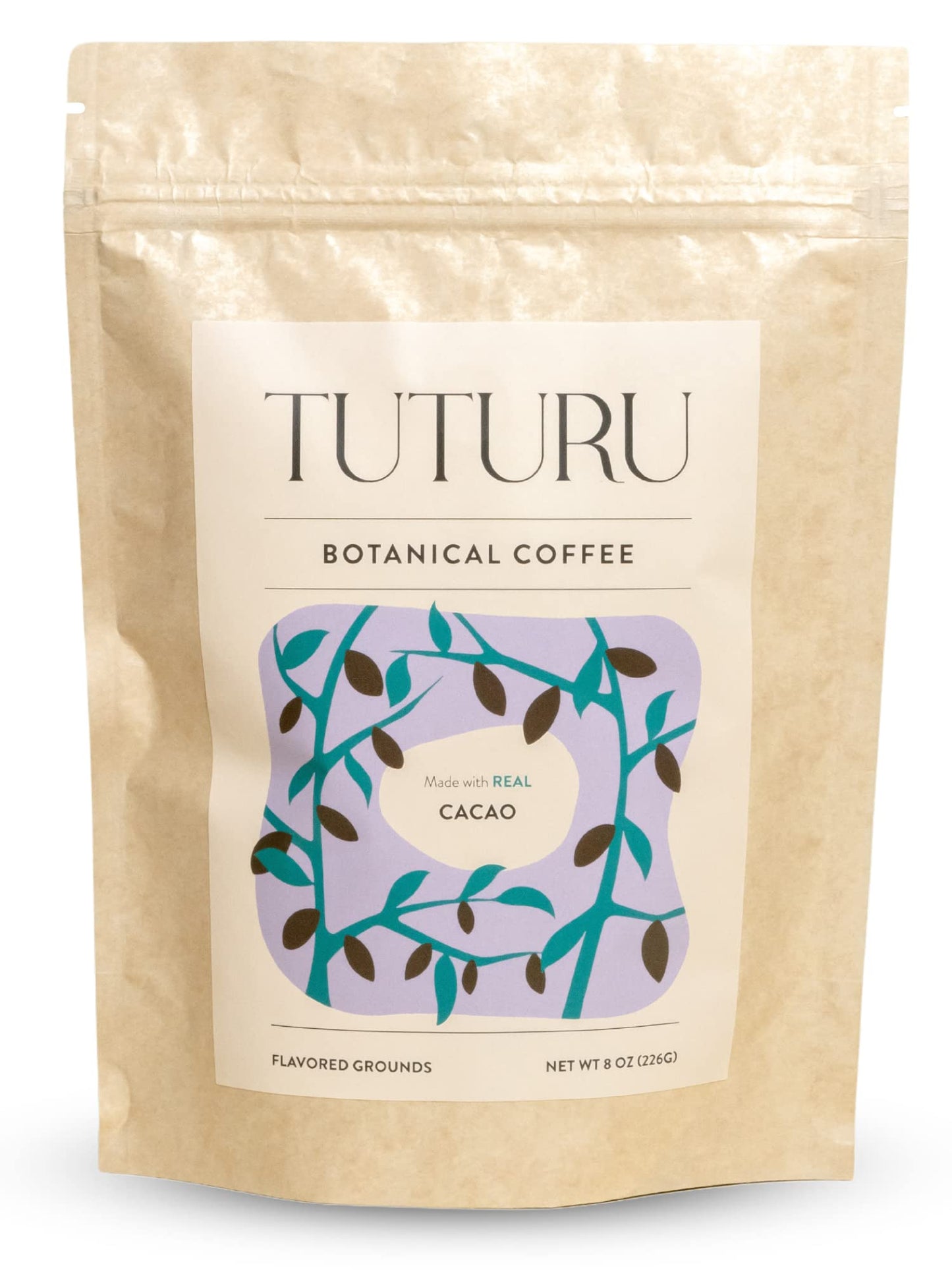 TUTURU Organic Dark Chocolate Ground Coffee - Medium Roast, Low Acid - 8 oz Pack