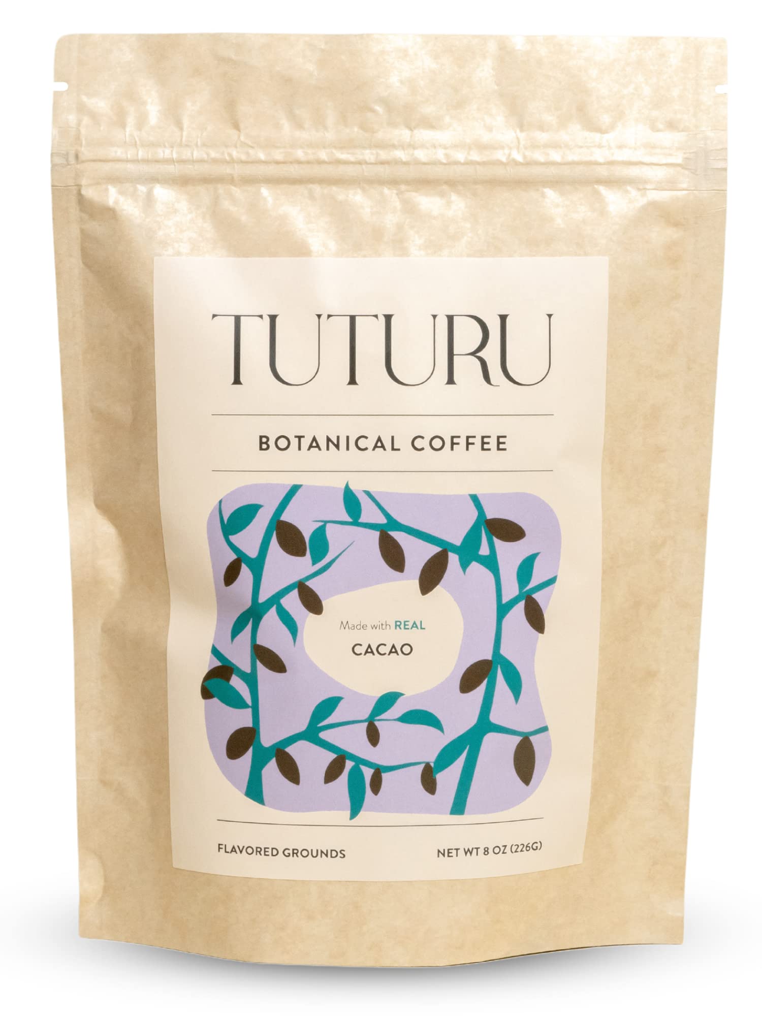 TUTURU Organic Dark Chocolate Ground Coffee - Medium Roast, Low Acid - 8 oz Pack
