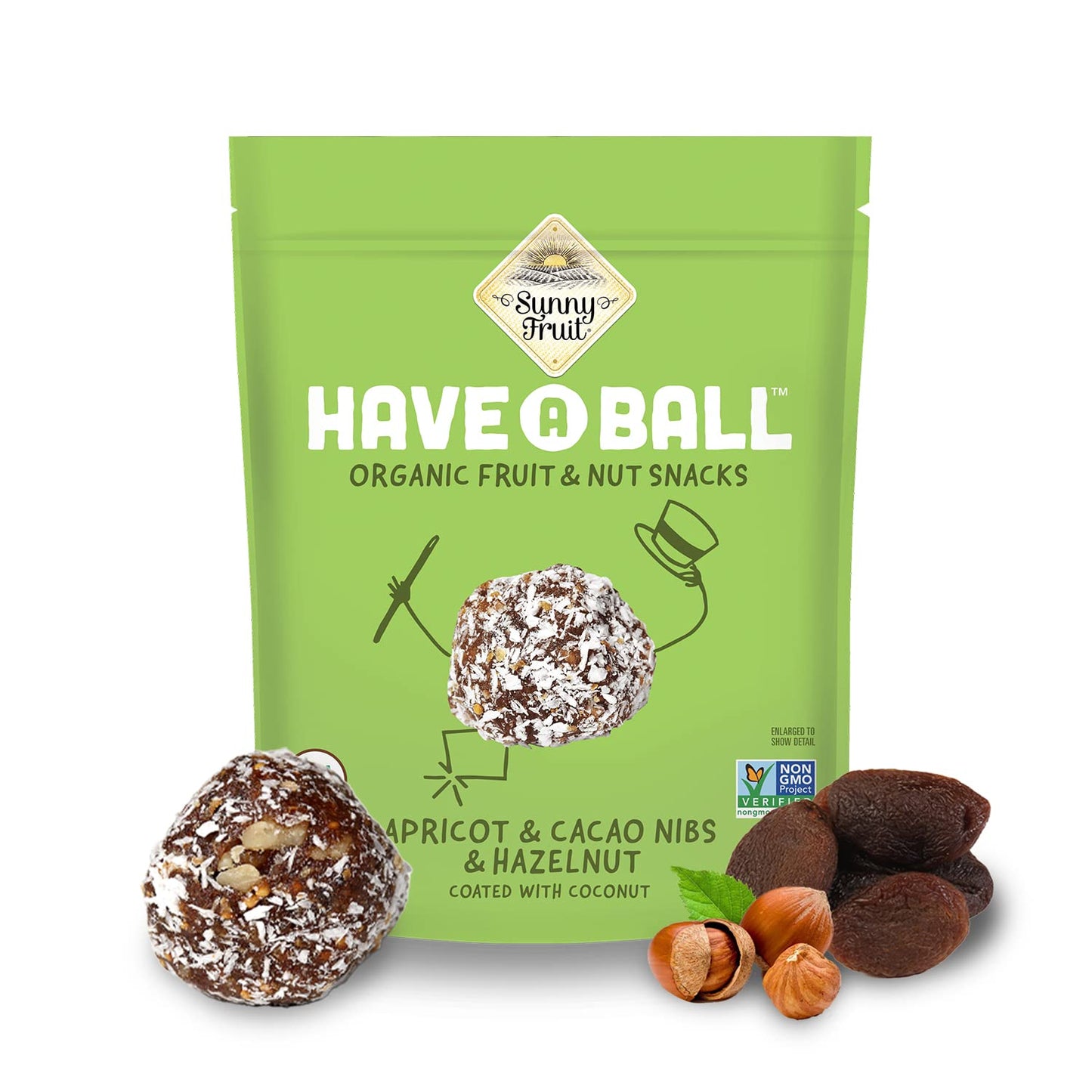Sunny Fruit 100% Raw Fruit & Nut Snacks, Apricot, Cacao Nibs & Hazelnut, 1-Pack (9 Balls Per Bag) | Healthy, Convenient, On-The-