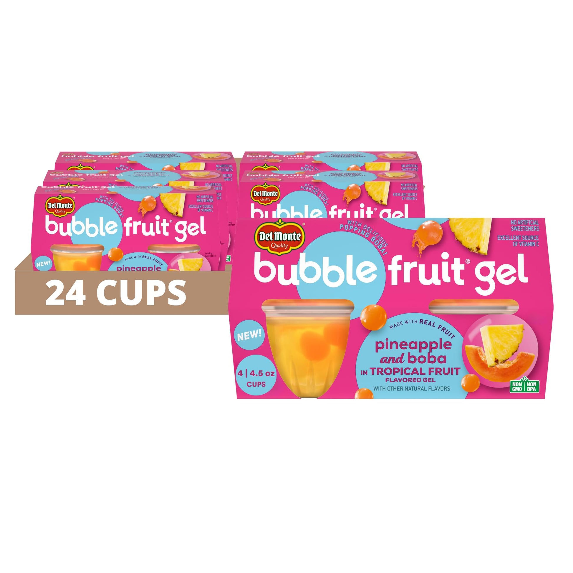 Del Monte Bubble Fruit Gel Pineapple and Boba in Tropical Fruit Flavored Gel, 4.5oz (24 Count) | Real Fruit & Popping Boba Pearl