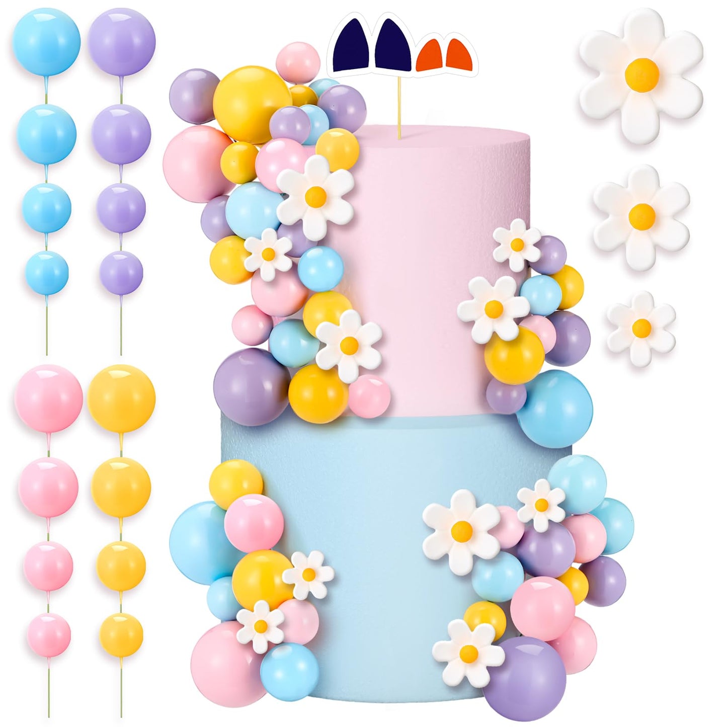 Threehoney 63 Pcs Blue Dog Cake Toppers With Balls Cake Picks And Flowers For Birthday Decoration Groovy Pastel Cupcake Inserts 