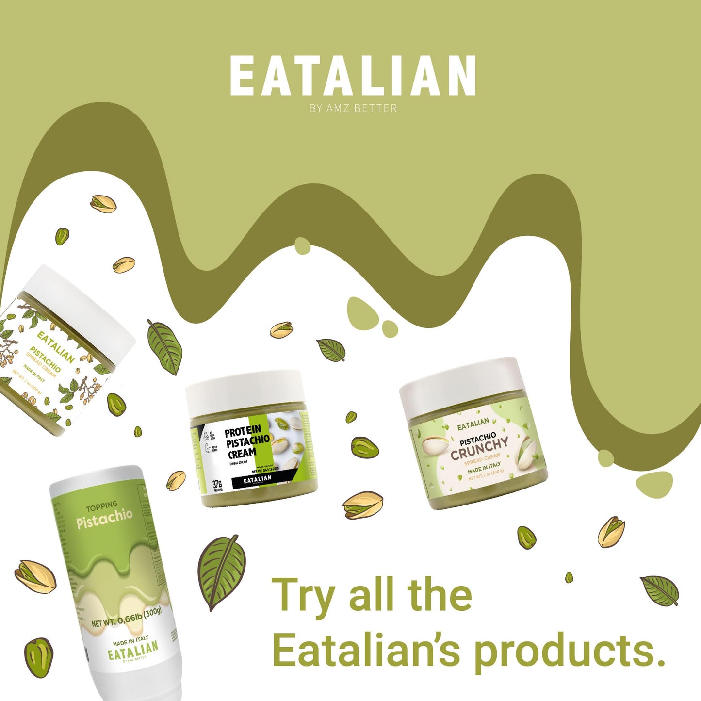 EATALIAN by AMZ BETTER Pistachio Cream, 35,27oz/1000 g, Delicious Spreadable with a Sweet and Unique Taste, Ideal on Bread and w
