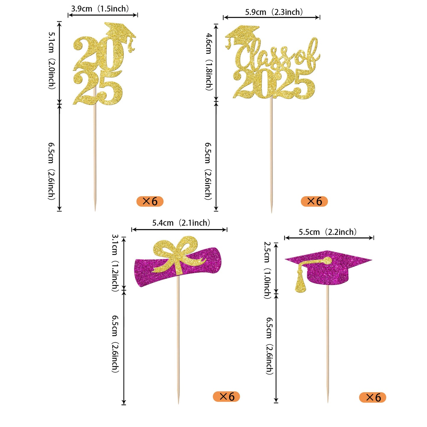 YCTHUNFISH Graduation Cupcake Toppers, 24 Pack, Glitter 2025, Diploma & Grad Cap Picks, Gold Purple, Ideal for 2025 Graduation Party Decor
