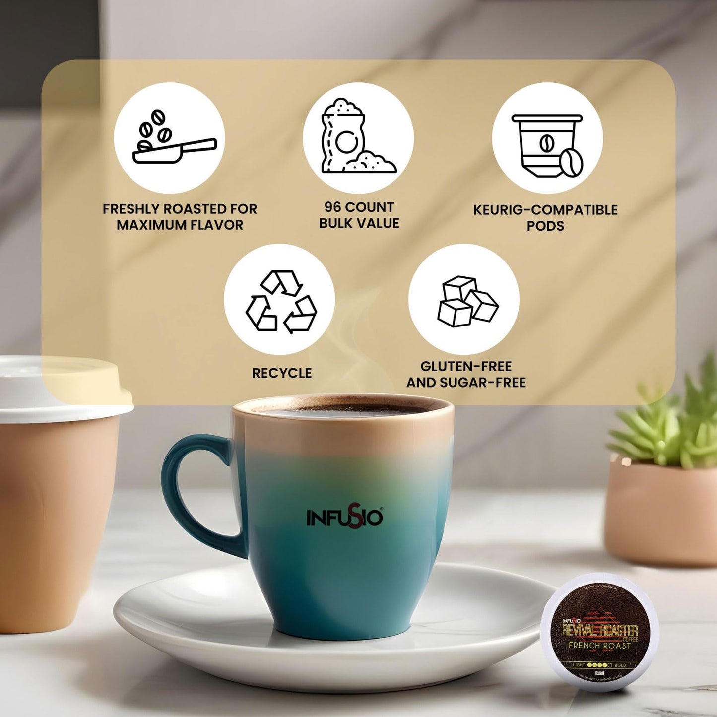 InfuSio Coffee Pods, French Roast Dark Roast, Compatible with Keurig K Cup® malt-inspired, 96 Count Pack