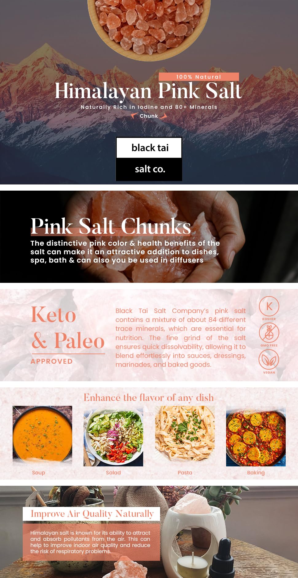 Black Tai Salt Co. Himalayan Salt Rocks, 5 lbs Edible, Natural Pink Crystals, 1-3 Size