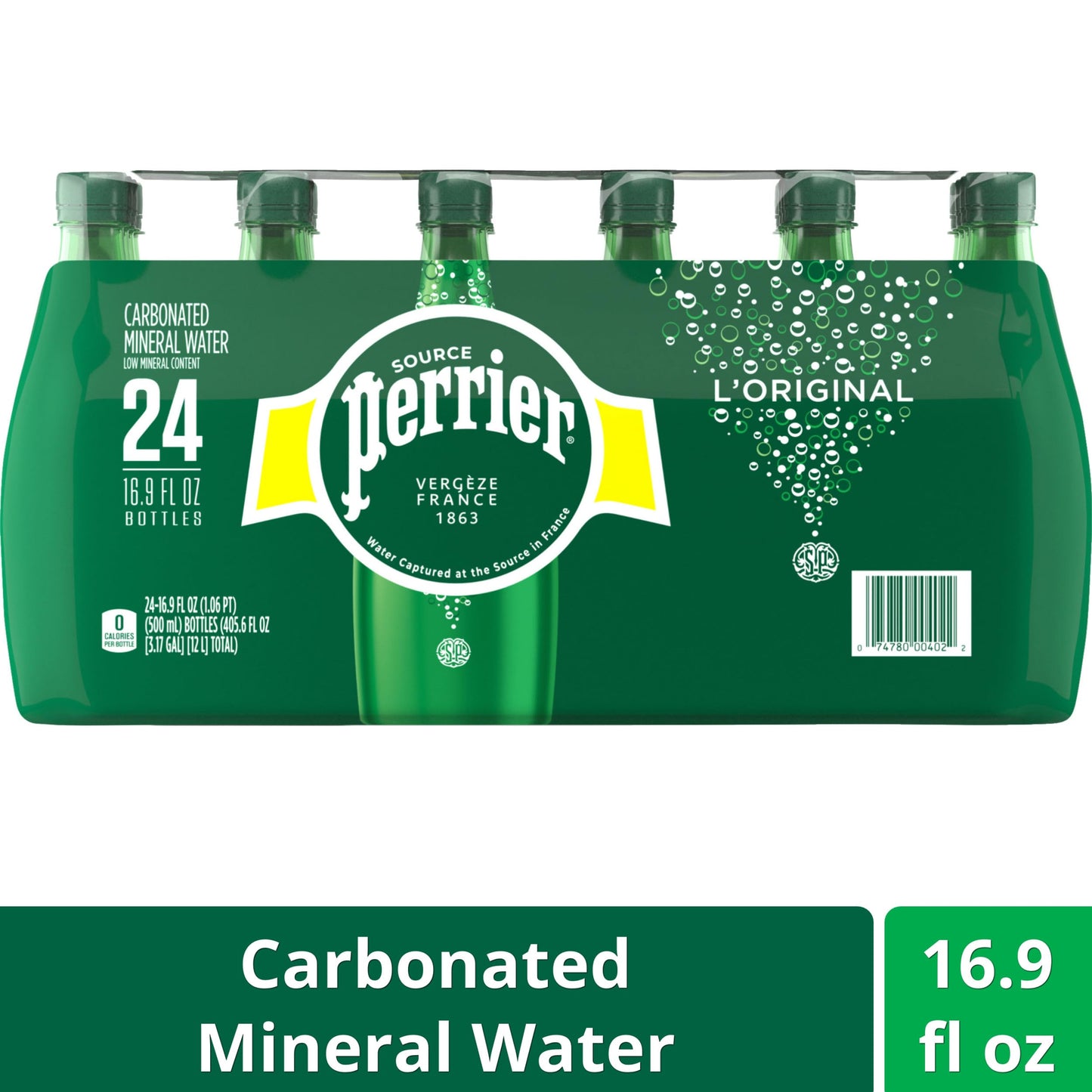 Perrier Carbonated Mineral Water Plastic Bottles, Original, 16.9 Fl Oz (Pack of 24), 405.6 Fl Oz