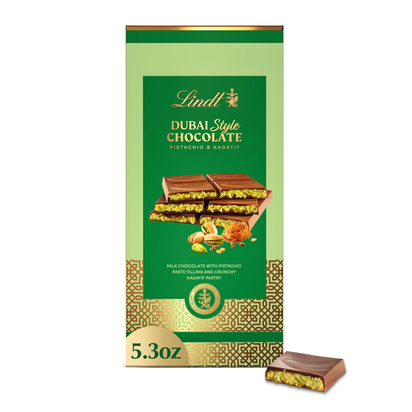 Lindt Dubai Style Milk Chocolate Candy With Pistachio & Kadayif  5.3 Oz. Bar