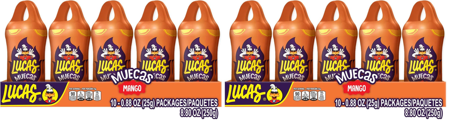 Lucas Muecas Lollipop Mango Flavor Candy, 0.96oz - 10 Pieces Pack for Treats, Snack, Parties, Piatas (Pack of 2)