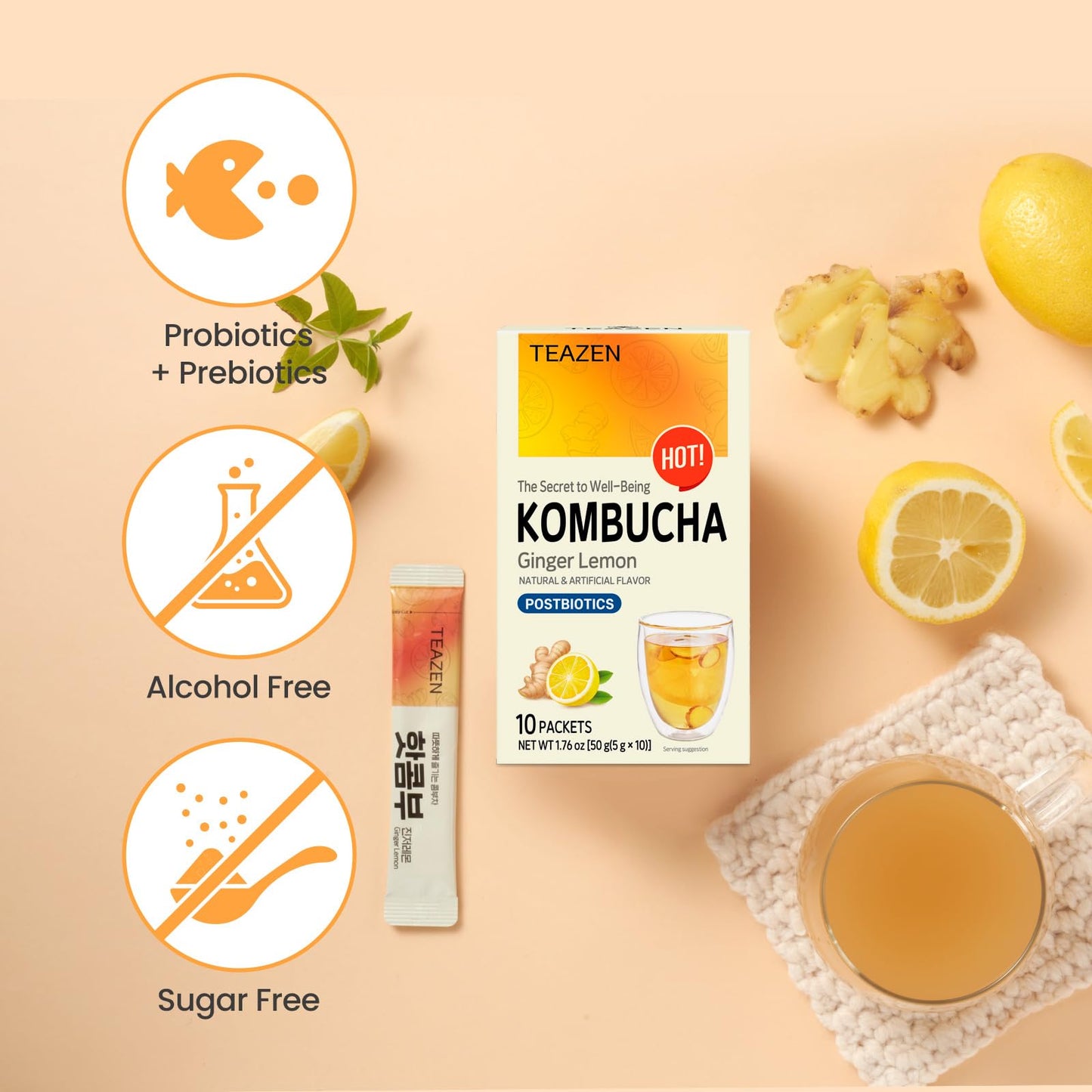 TEAZEN Lemon Ginger Kombucha Tea, Probiotics & Postbiotics, Zero Sugar, Low Caffeine, 10 Sticks, 1.76oz