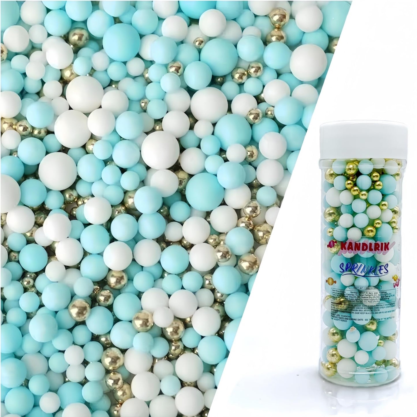 Edible Blue & White & Gold Sugar Pearls Sprinkles Candy Mix Size Pearls Cake Decorations Cupcake Toppers Decorating Perfect for 