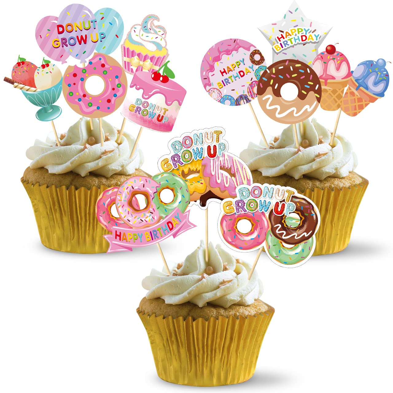 48Pcs Donut Birthday Party Supplies Donut Grow Up Cupcake Toppers, Donut Theme Party Cake Decorations, Doughnut Happy Birthday C