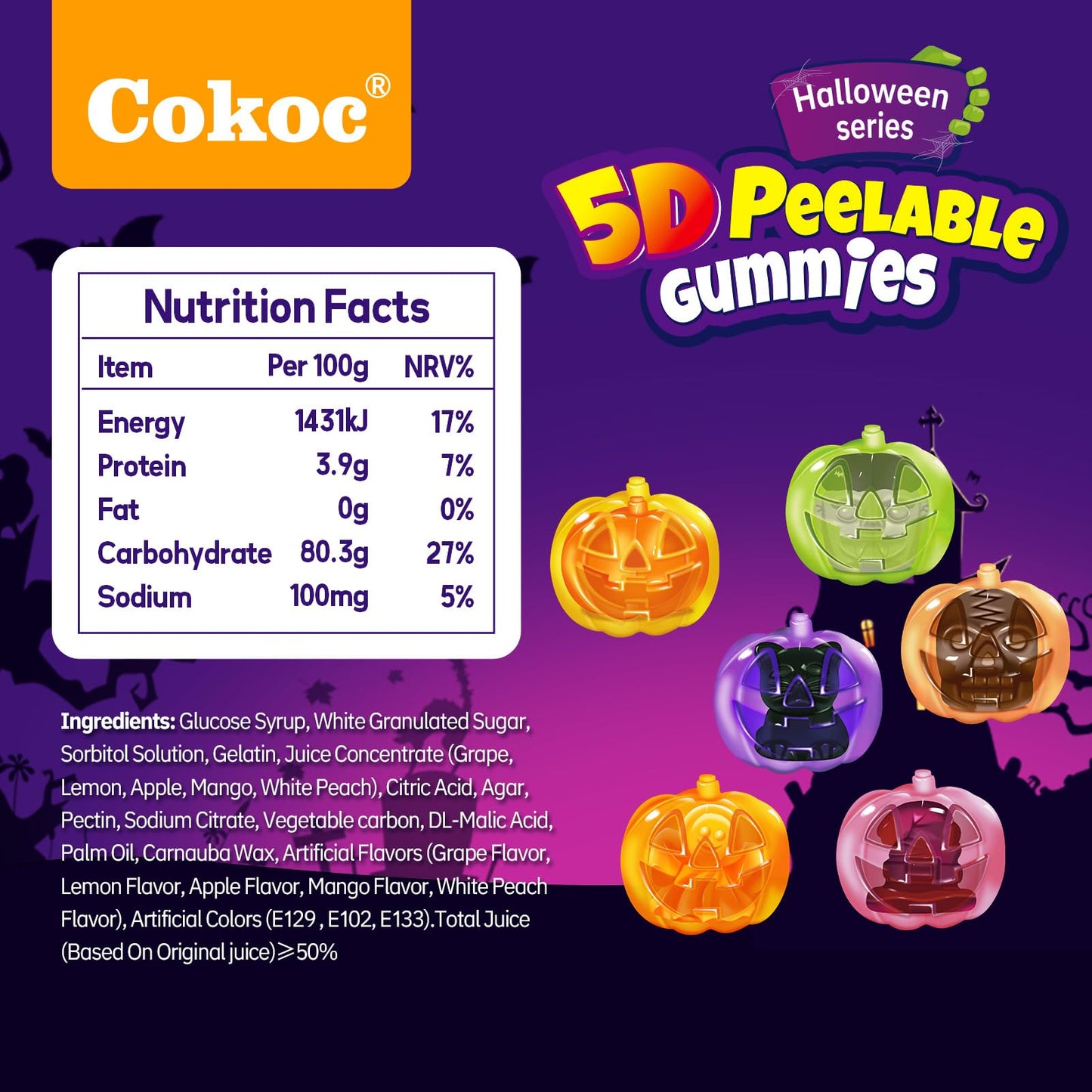 COKOC Halloween Candy Gummies, Mixed Fruit Flavored, Pumpkin & Ghost Shapes, Individually Wrapped, 2.12oz Bag, 14.4 x 8.2 x 14.