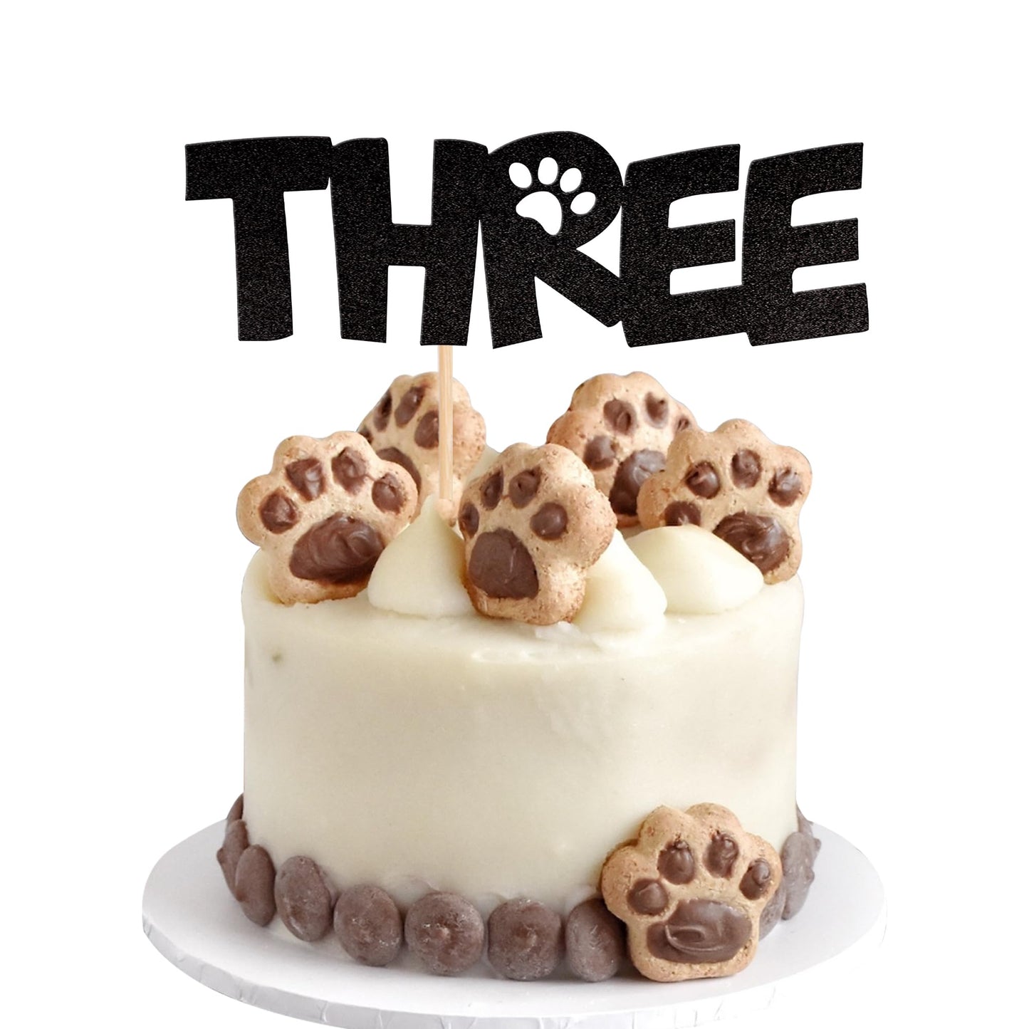 1 PCS Three Cake Topper Black Glitter Dog Paw 3 Years Old Birthday Cake Pick Decorations for Puppy Dog Let's Pawty for Kids Boys