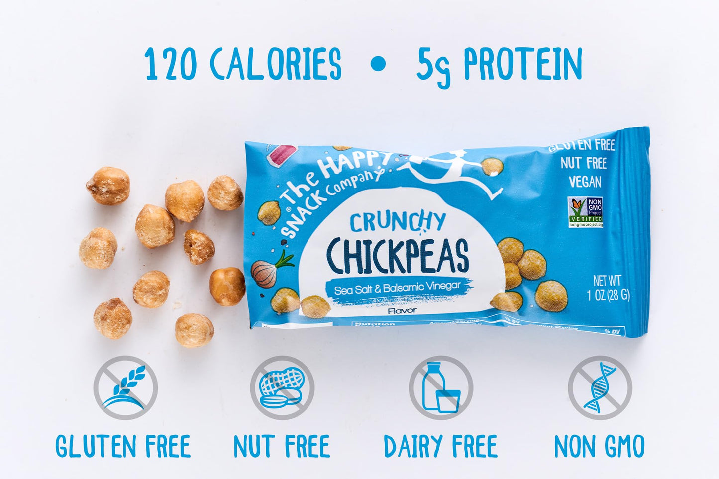 Happy Snack Company Crunchy Chickpeas Classics Variety Pack (Pack of 24 1oz) Classic Sea Salt x 8 Lime & Cracked Pepper x8 Sea S