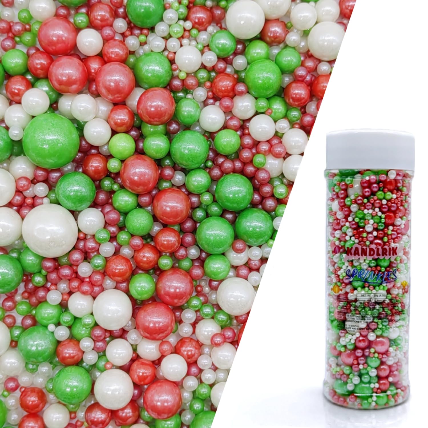 Edible Red & Green & White Sugar Pearls Sprinkles Candy Mix Size Pearls Cake Decorations Cupcake Toppers Decorating Perfect for 