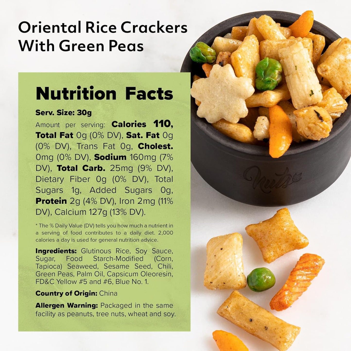 Nuts U.S. - Oriental Rice Crackers With Green Peas | Non-Gmo And Cholesterol Free | Vegan | Soy And Chili Flavor | Crunchy Baked