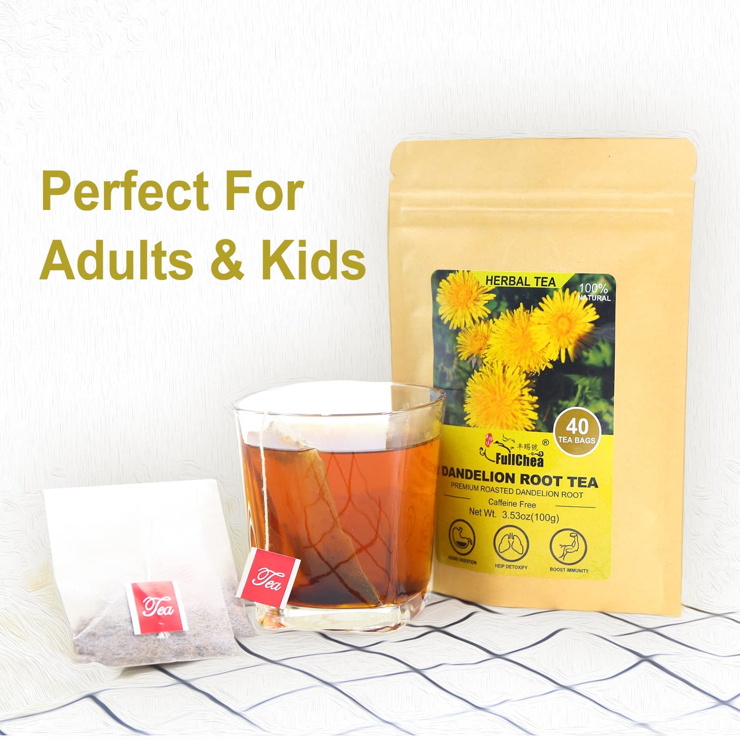 FullChea Dandelion Root Tea Bags - Caffeine-free Herbal Detox Tea, 40 Count, Non-GMO, Improves Digestion & Immune System