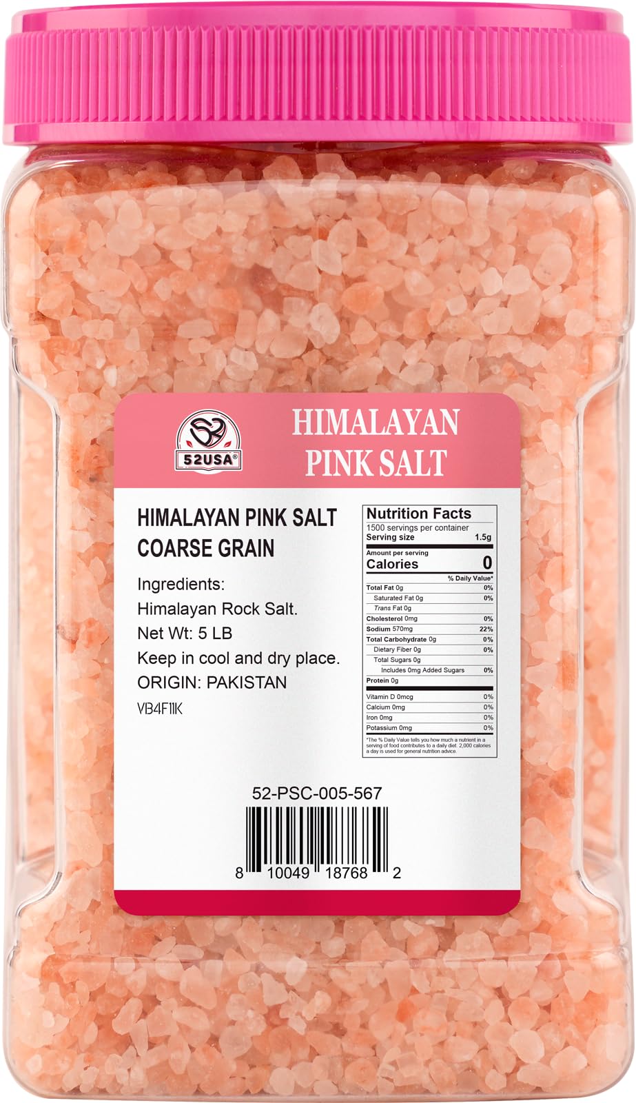 52USA Himalayan Pink Salt, Coarse Salt 5 Pound (80oz), Himalayan Salt, Pink Himalayan Sea Salt for Grinder Refill, Kosher Salt