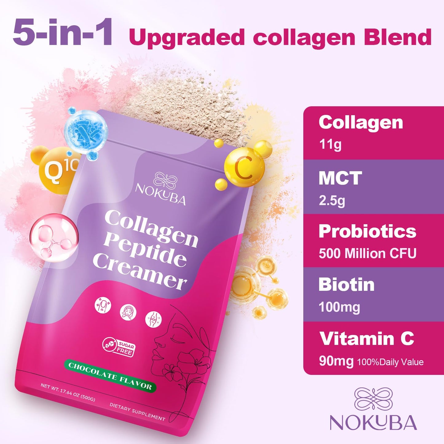 Nokuba Collagen Peptides Creamer Protein Coffee Powder  Marine Collagen with Coconut Mct  Hyaluronic Acid  Vitamin C & Probiotics for Hair Skin & Nails  Non Dairy  Chocolate Flavor  500g (20 Servings)