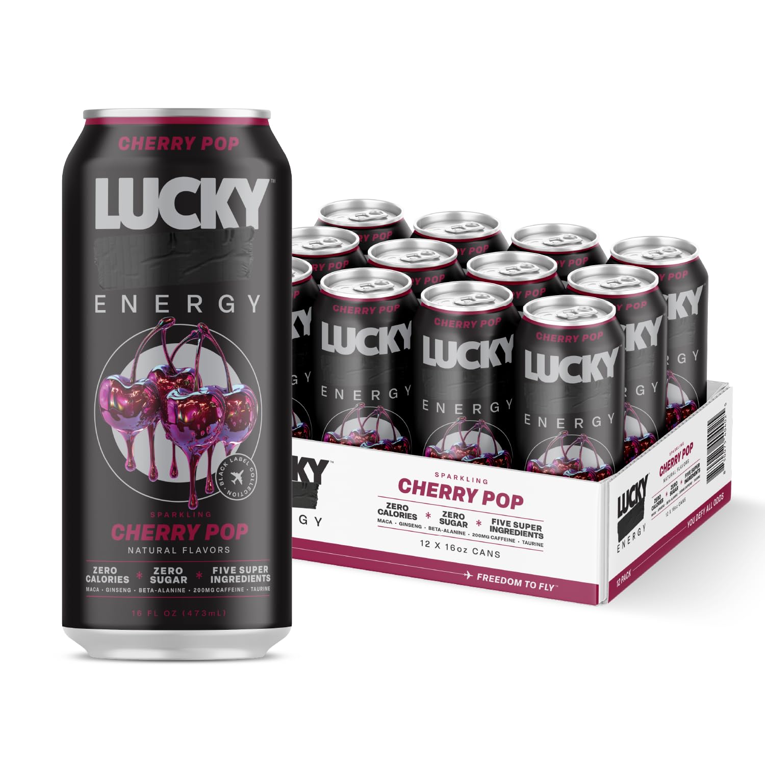 Lucky Energy Sugar Free Energy Drinks  Cherry Pop  16oz Cans (12-Pack) Healthy  Zero Sugar Energy Drink with Maca  Ginseng  Beta-Alanine  Taurine & 200mg Caffeine